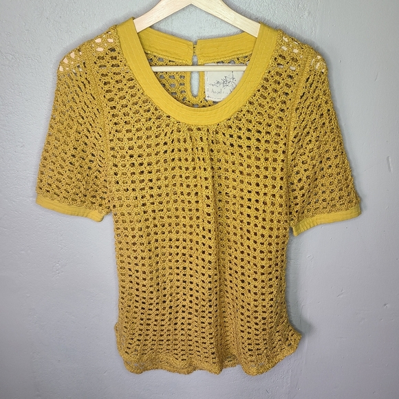 Anthropologie Angel Of The North Open Knit Mustard Top - Picture 3 of 11